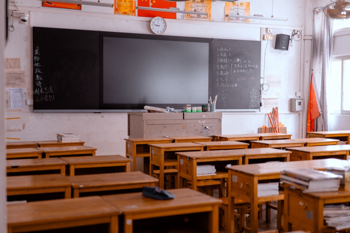 medical education classroom with textbooks and medical tools